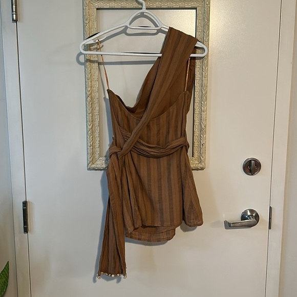 ZARA | One Shoulder Striped Beaded Dress Top Shirt Brown 100% Cotton - Picture 7 of 12